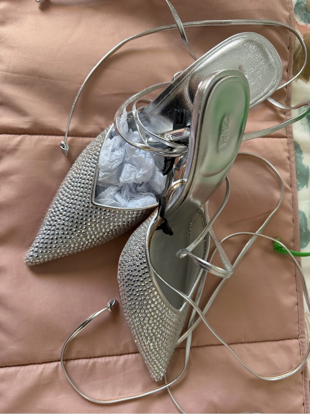 Zara Silver Rhinestone Pointed Lace-Up Heels